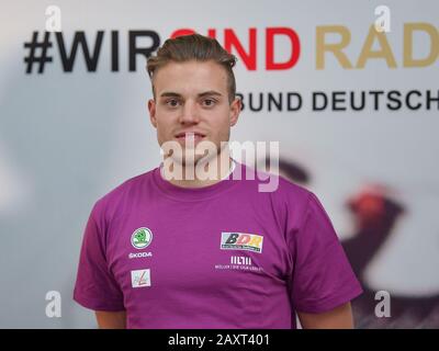 12 February 2020, Brandenburg, Frankfurt (Oder): Maximilian Dörnbach, Theed Project Cycling, photographed at the Media Day of the German Cyclists' Association (BDR) in the Olympic railroad base in the Oderlandhalle. Photo: Patrick Pleul/dpa-Zentralbild/ZB Stock Photo