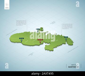 Stylized map of Martinique. Isometric 3D green map with cities, borders, capital, regions. Vector illustration. Editable layers clearly labeled. Engli Stock Vector