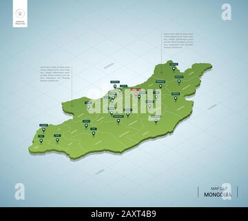 Stylized map of Mongolia. Isometric 3D green map with cities, borders, capital Ulaanbaatar, regions. Vector illustration. Editable layers clearly labe Stock Vector