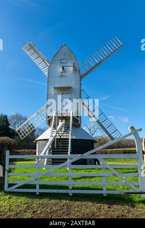 Lowfield Heath Windmill, a grade II listed post mill at Charlwood, Surrey, England, which has been restored to working order. Visitor attraction, UK Stock Photo