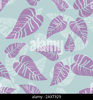 Blue and purple tropical leaves seamless pattern. Stock Vector