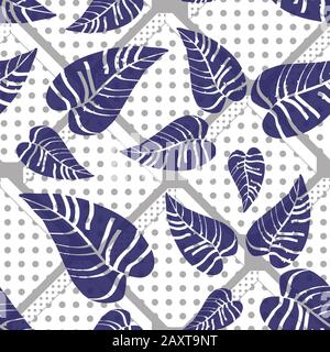 Blue and purple tropical leaves seamless pattern. Stock Vector