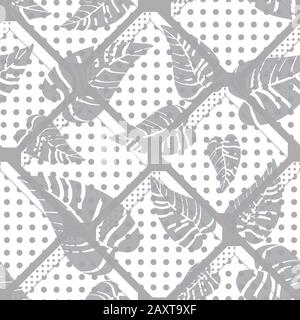 Grey tropical leaves seamless pattern. Stock Vector