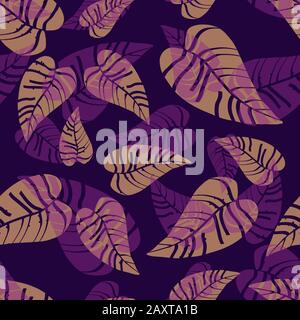 Beige and purple tropical leaves seamless pattern. Stock Vector