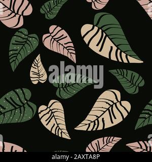 Pink and green tropical leaves seamless pattern. Stock Vector