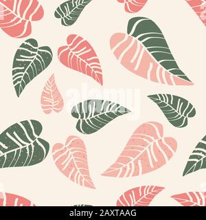 Green and pink tropical leaves white seamless pattern. Stock Vector