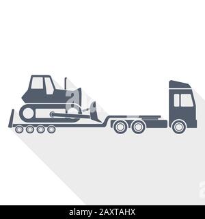 Truck with bulldozer on tow trailer, long vehicle conept flat design illustration Stock Vector