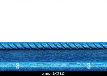 Old carved blue wooden texture border on white background. Stock Photo