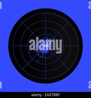 Black and blue radar icon on blue background. Stock Vector