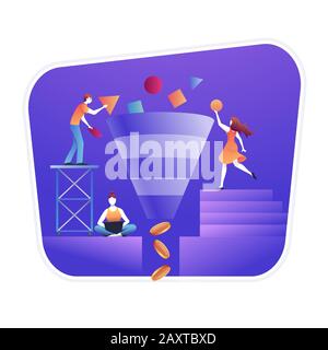 Funnel generation sales vector concept illustration. Digital marketing and e-business technology concept. Stock Vector