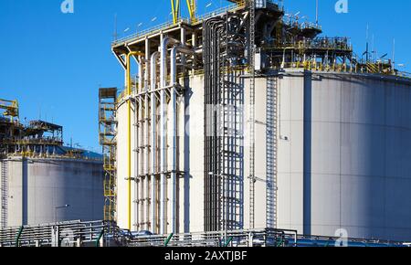 Liquefied natural gas storage tanks. Stock Photo