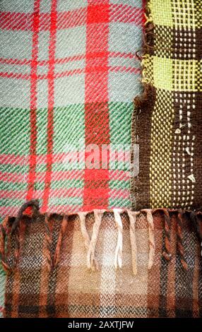 background multicolored old wool blanket stitched cell Stock Photo