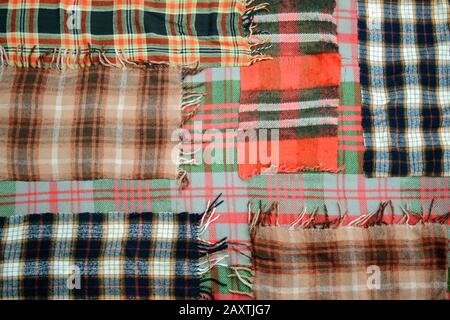background multicolored old wool blanket stitched cell Stock Photo