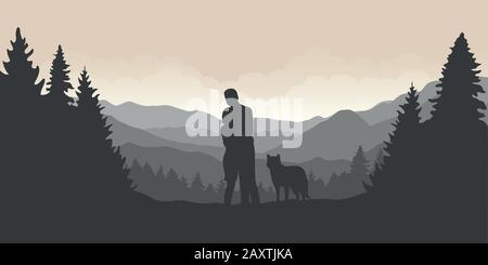 couple with dog are looking into the distance on a mountain and forest landscape vector illustration EPS10 Stock Vector