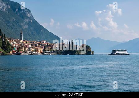 Italy, Lombardy, Lake Como: ferry in front of the village of Varenna