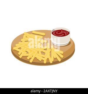 French fries and tomato sauce in a ceramic Cup on a wooden tray and an isolated white background. Vector image Stock Vector