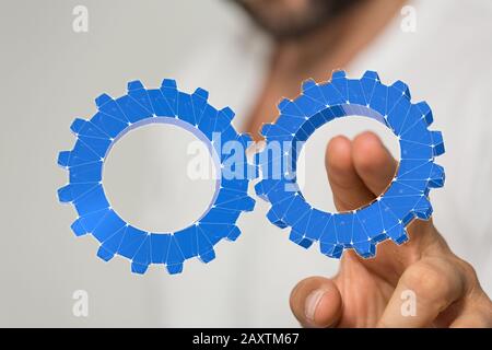 Person working with a modern virtual interface screen engineering and design icons Stock Photo
