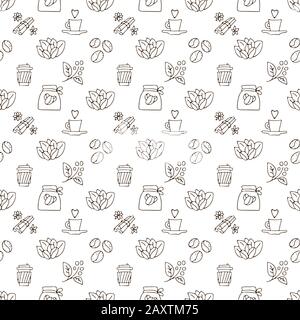 Vector hand draw coffee cup and coffee beans with leaves pattern. Coffe take away simple seamless pattern, paper coffee cups on white background Stock Vector