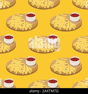 Seamless pattern of French fries and tomato sauce in a ceramic Cup on a wooden tray on a yellow background. Vector image Stock Vector