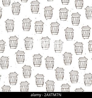Vector hand draw coffee cup pattern. Coffe take away simple seamless pattern, paper coffee cups on white background, sketch textured background Stock Vector