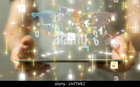 Person presenting a virtual projection of cloud computing Stock Photo