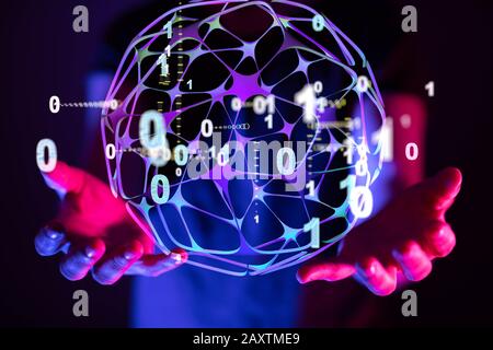 Person presenting a virtual projection of the social media communication network Stock Photo