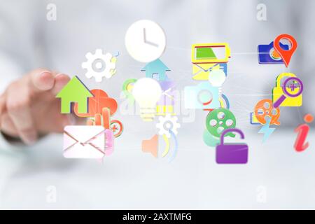 Person touching a virtual projection of a cloud connection with different icons Stock Photo