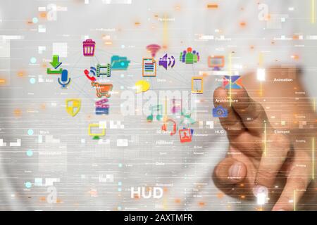 Person touching a virtual projection of a cloud connection with different icons Stock Photo
