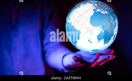 Person presenting the virtual projection of the global network Stock Photo