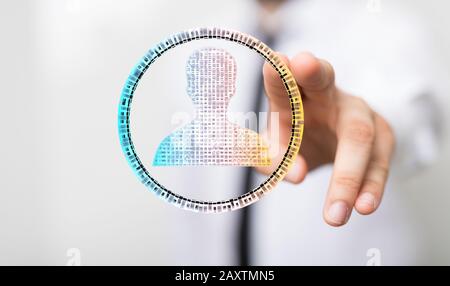 Person presenting the virtual projection of a human head Stock Photo
