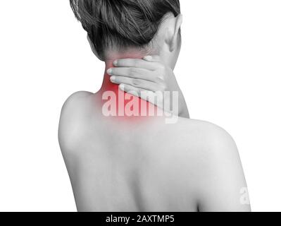 woman suffering from neck pain using hand massage painful neck and nape. mono tone color with red highlight at neck , neck muscles isolated on white b Stock Photo