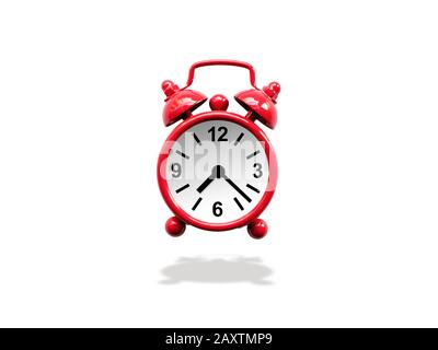 red retro alarm clock isolated on white background with shadow, studio shot Stock Photo