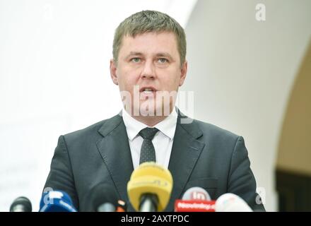 Prague, Czech Republic. 13th Feb, 2020. Czech Foreign Minister Tomas Petricek speaks during a press briefing on departure of Czech humanitarian aid for China in connection with its tackling of coronavirus epidemic, on February 13, 2020, in Prague, Czech Republic. Credit: Michaela Rihova/CTK Photo/Alamy Live News Stock Photo