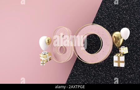 Happy 80th birthday party celebration. Modern marble composition 3D Render Stock Photo