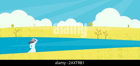 Landscape panorama with the woman stands among the yellow flower fields and the lake. Vector illustration in spring times minimal concept. Stock Vector