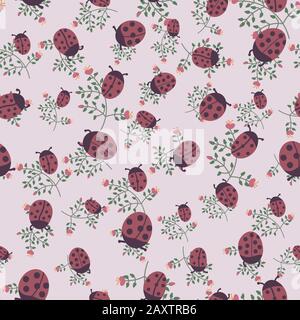 ladybugs and wild flowers seamless vector pattern in muted colors Stock Vector