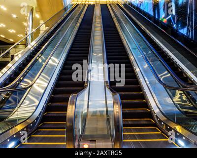 SINGAPORE – 6 MAY 2019 – Blurred motion shot of the empty escalators at Suntec City convention and exhibition centre in downtown Singapore Stock Photo