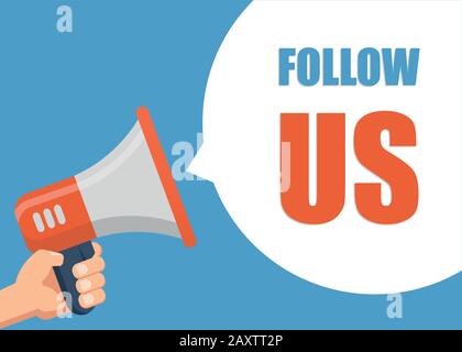 Follow Us - Male hand holding megaphone. Flat design. Can be used business company for social media, networks, promotion and advertising. Stock Vector
