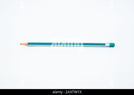 Single light blue and silver colored sharp wood pencil crayon nicely displayed on a white background Stock Photo