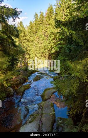 Waterfall edge on Kamienczyk river in Giant Mountains near Szklarska Poreba, Poland Stock Photo