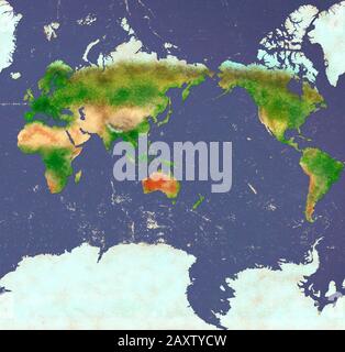 Planisphere of the world ultra defined with Antarctica, paper effect and peeling plaster. Physical map of the world. Hand drawn Stock Photo