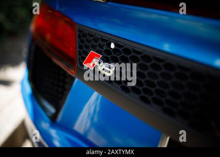 Blue Audi R8 close up of the badge Stock Photo