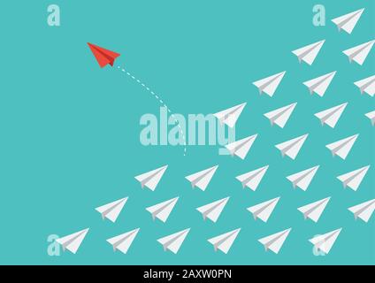 Red airplane changing direction from group of paper airplanes. Vector illustration Stock Vector
