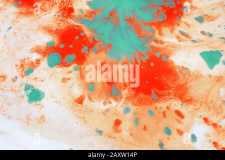Orange, red, green, blots, splashes, drips, stains on a white background. Abstract pattern Stock Photo
