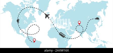 World map whit dashed trace line and airplanes flying, bus driving, and car. Travel concept. Vector Stock Vector