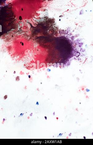 Abstract background of blots pink, red and maroon color with streaks and splashes on white paper Stock Photo