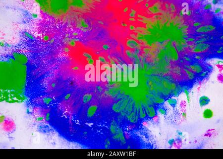 Abstract background of blots pink, green, and blue color with streaks and splashes on white paper Stock Photo