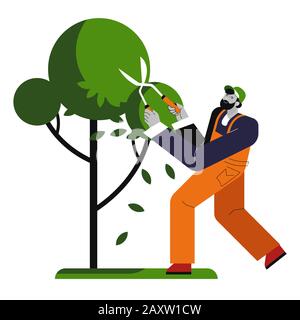 Man cutting tree, gardener trims plant, isolated character Stock Vector