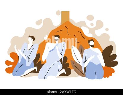 Pilgrims pray at Mount Arafat, Hajj isolated icon Stock Vector