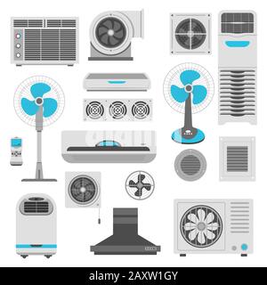 Air conditioner and ventilator units set in white and blue Stock Vector